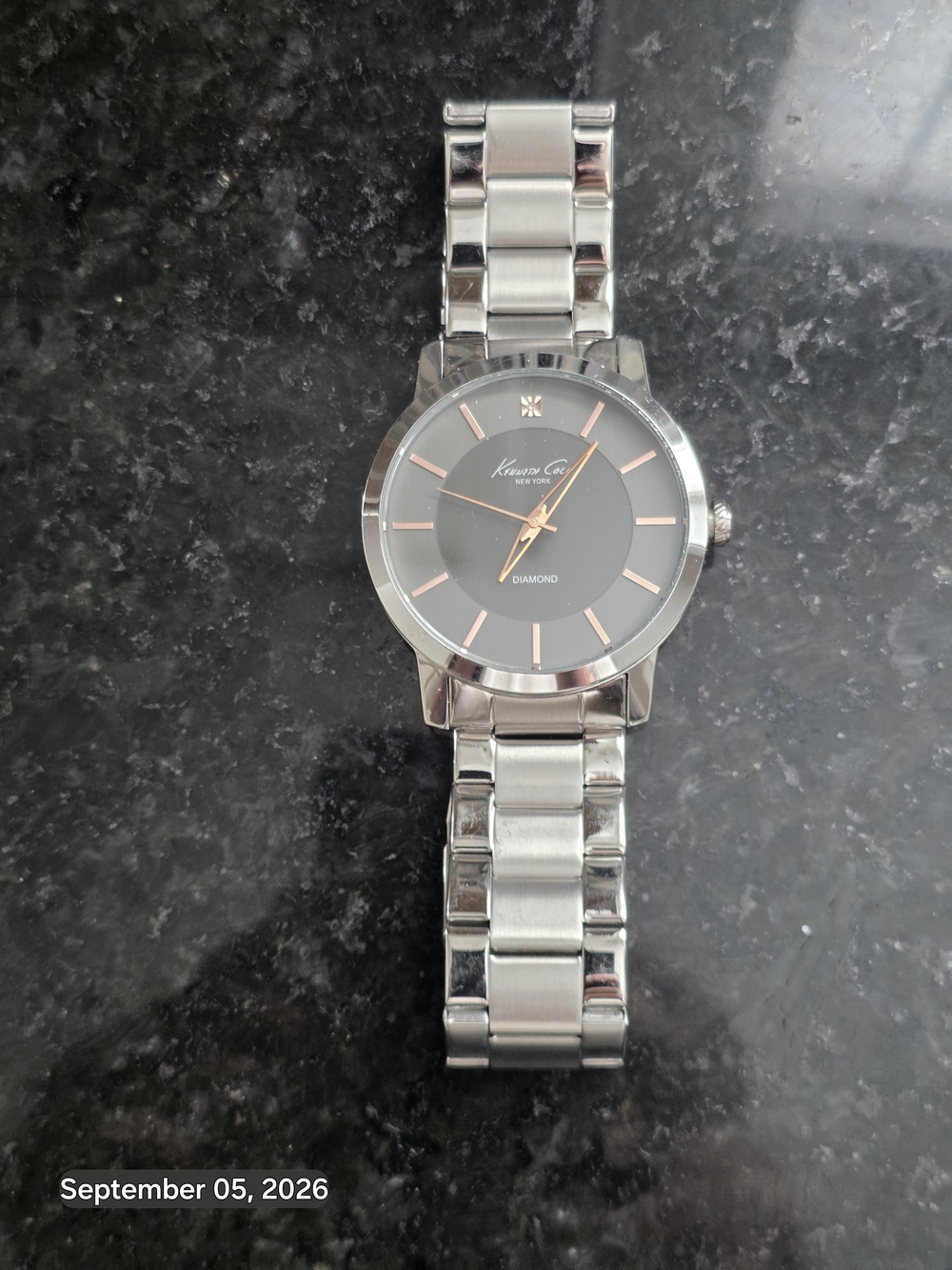 Kenneth Cole Silver Bracelet Watch with Black Face/Graphite and Rose Gold Accent